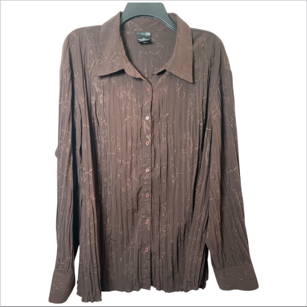 East 5th women’s brown pleated embroidered button down shirt size 3X
